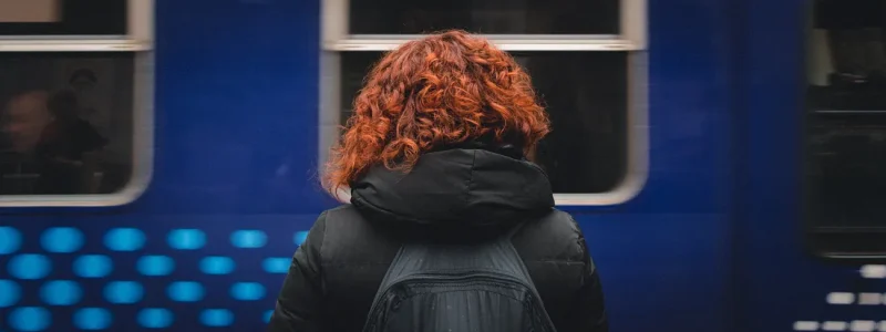 Vrouw met roodbruin krullend haar en rugzak op perron van treinstation met blauwe trein